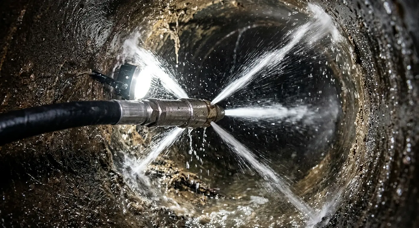 High-pressure hydro jetting nozzle cleaning sewer pipe for Storm Drain Cleaning in New Rochelle