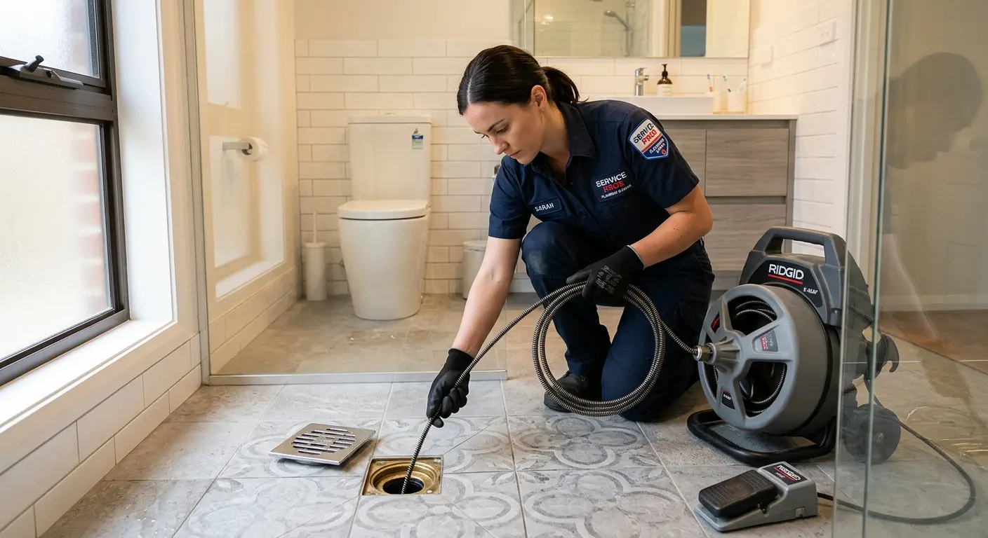 Technician clearing a bathroom floor drain for Clogged Drain Repair in New Rochelle